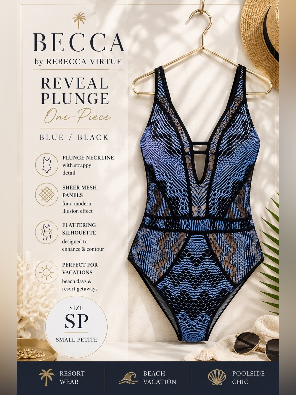 Becca by Rebecca Virtue Reveal Plunge One-Piece Swimsuit Blue Black Size SP